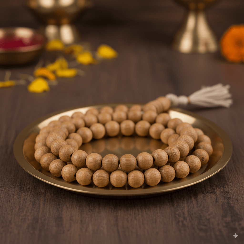 Natural Tulsi mala made from sacred Tulsi wood beads for meditation and spiritual wear